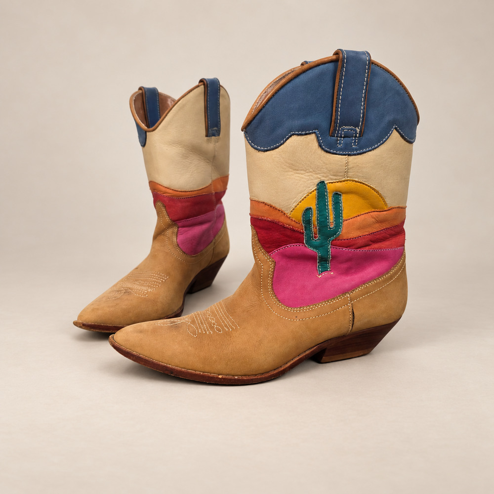 Vintage Circle S Cactus Sunset Cowboy Boots Tan Leather Women's 7M Southwestern